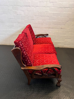 Elegant Red Fabric 3-Seater Couch with Wooden Accents - REDUCED