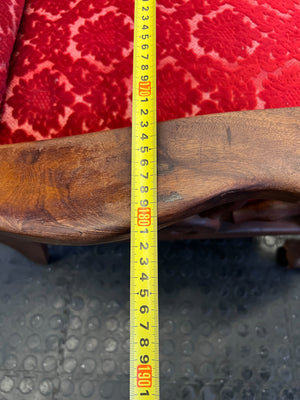 Elegant Red Fabric 3-Seater Couch with Wooden Accents - REDUCED