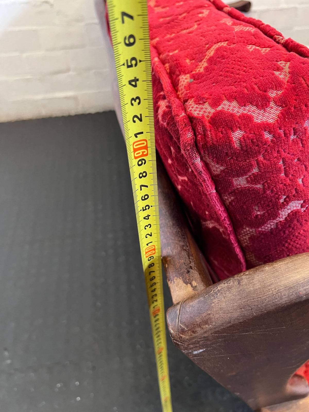 Elegant Red Fabric 3-Seater Couch with Wooden Accents - REDUCED