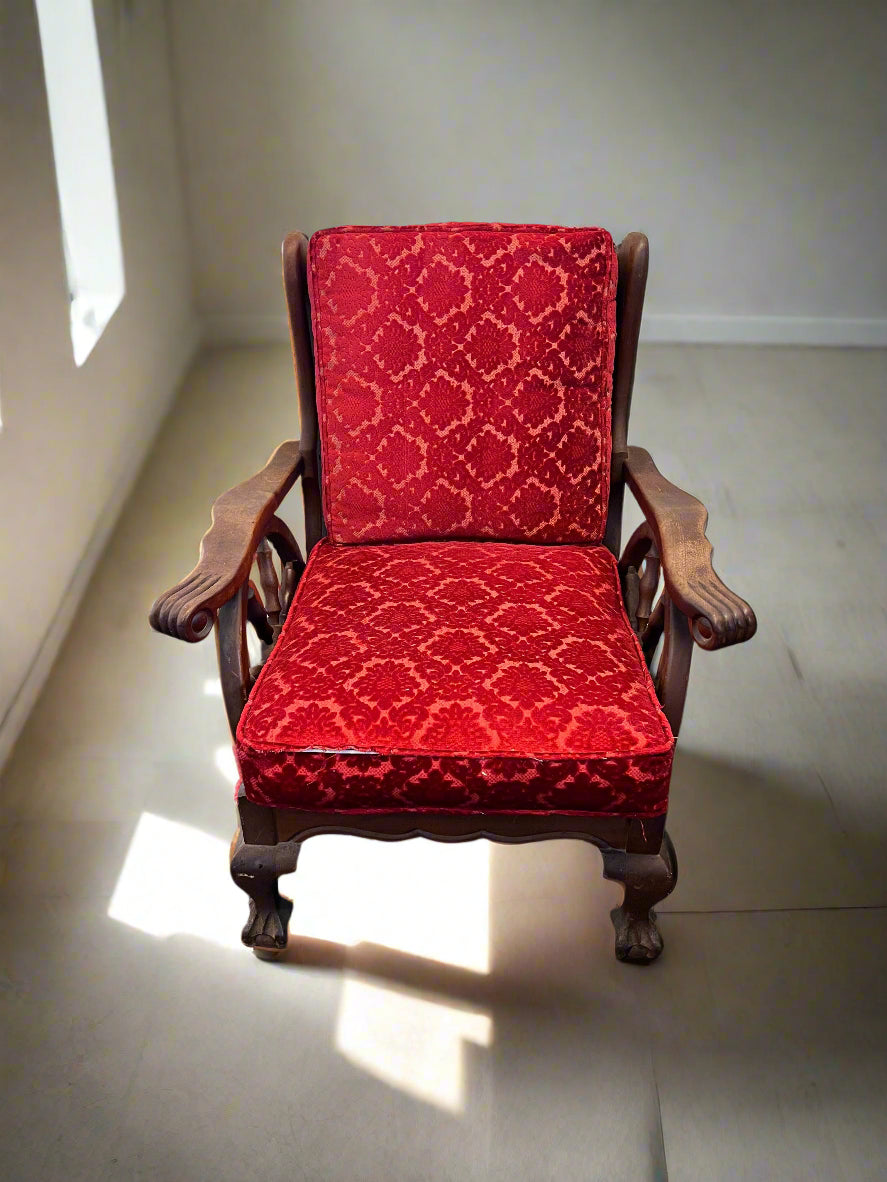 Vintage Red Upholstered Armchair with Intricate Wood Details