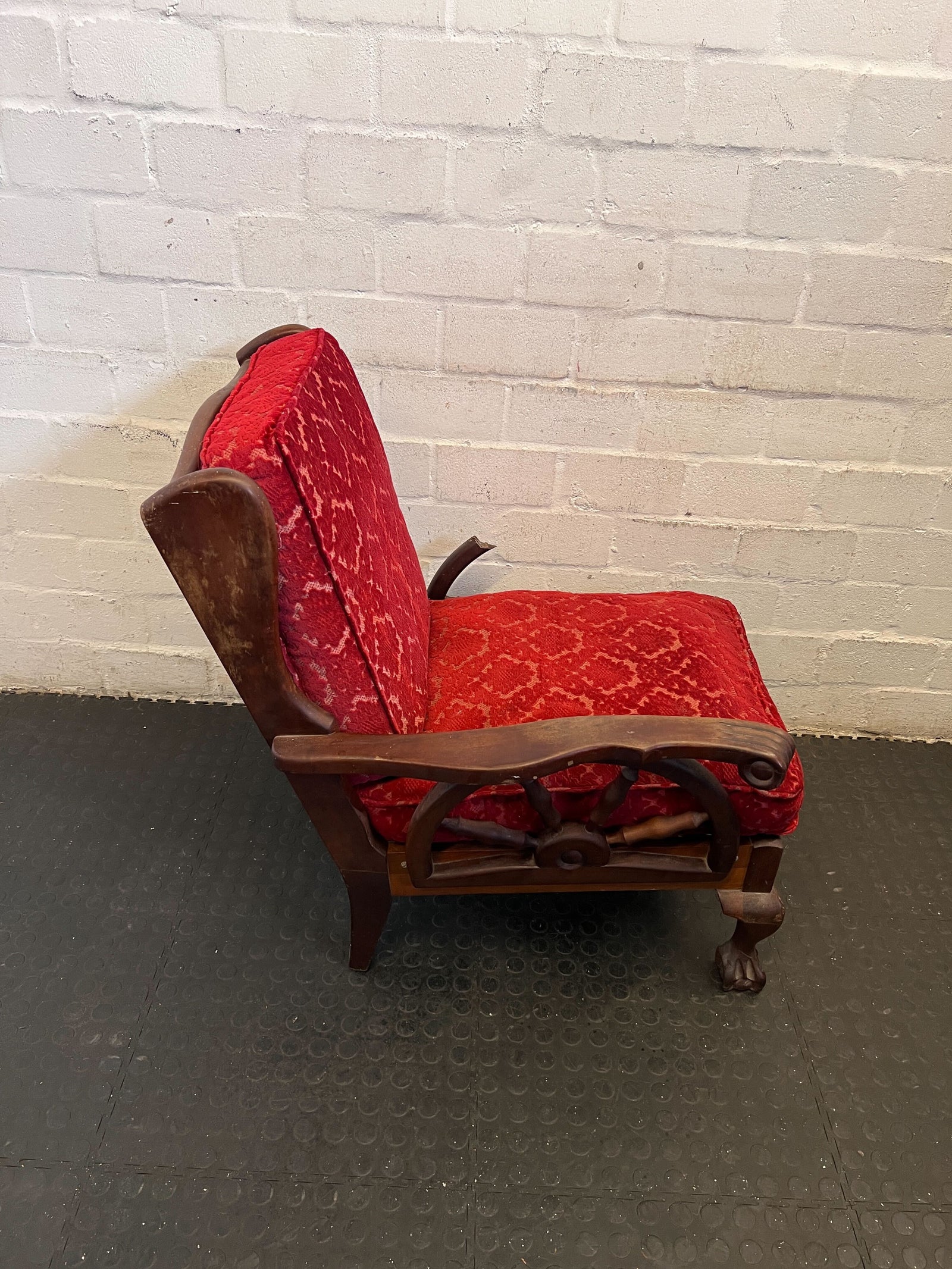 Elegant Vintage Red Upholstered Armchair with Intricate Wood Details - DAMAGED ARM - REDUCED