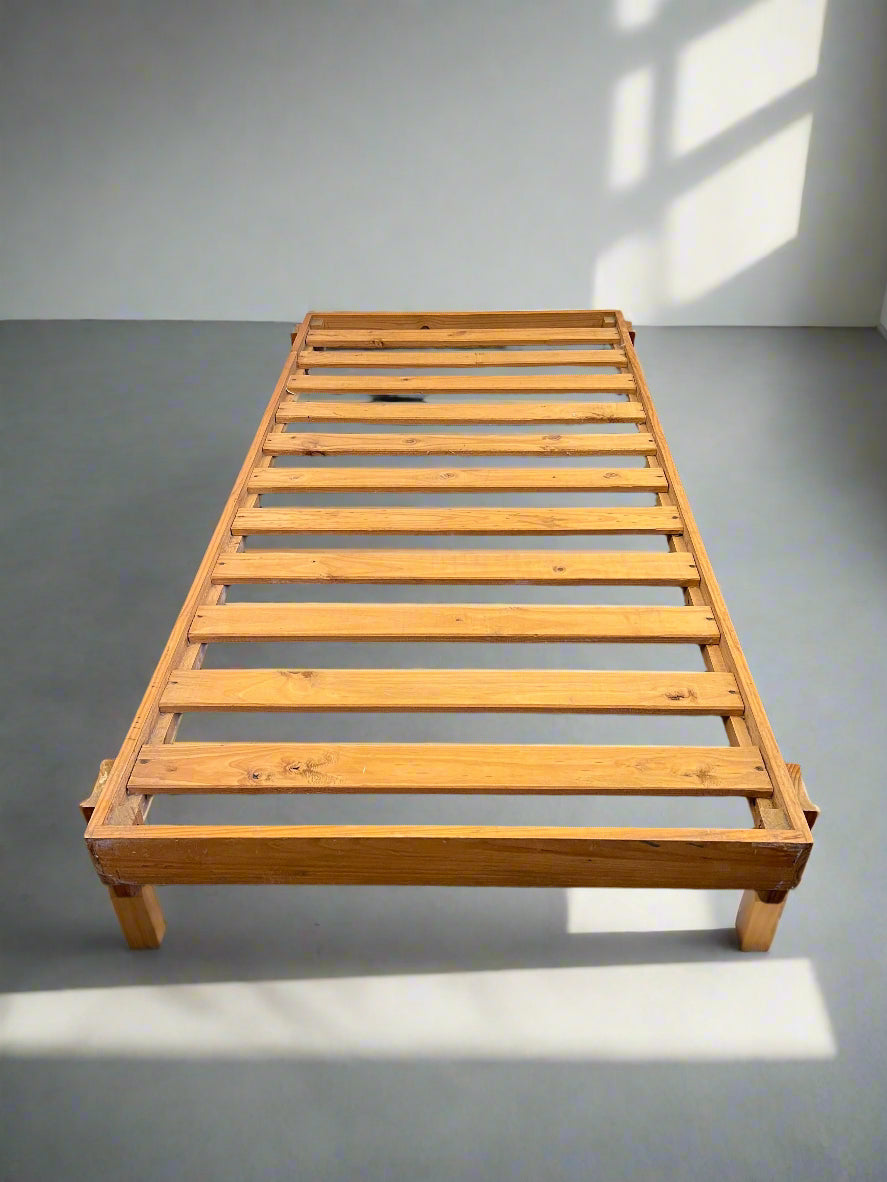Elegant Wooden Slat Single Bed Frame – Natural Pine Finish, Minor Wear