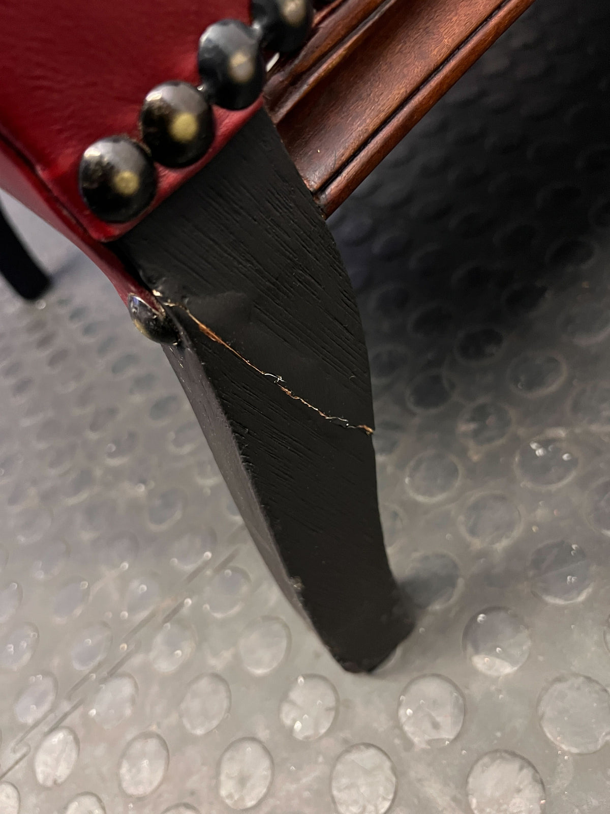 Vintage Burgundy Leather Wingback Chair with Wooden Details - REDUUCED