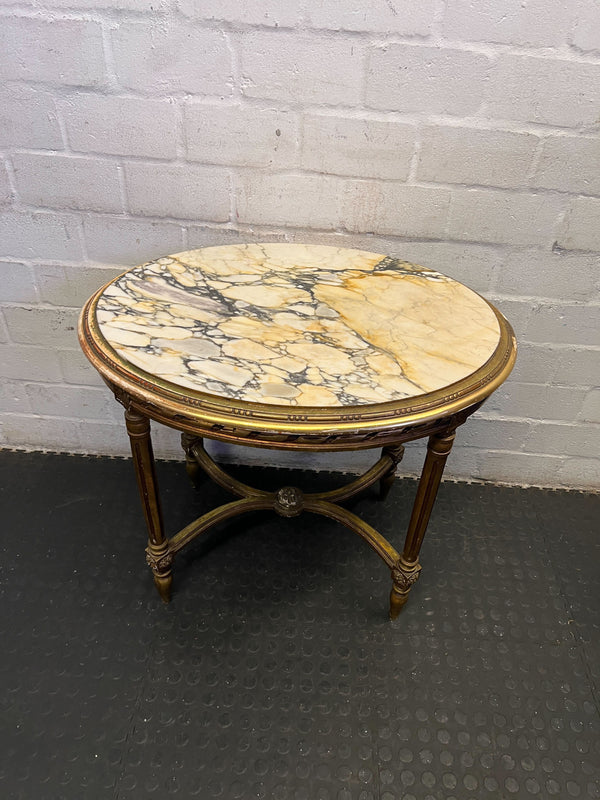 Elegant Round Marble Top Side Table with Vintage Wooden Base