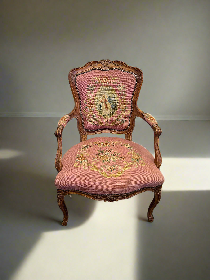 Vintage Pink Upholstered Armchair with Intricate Wood Carving