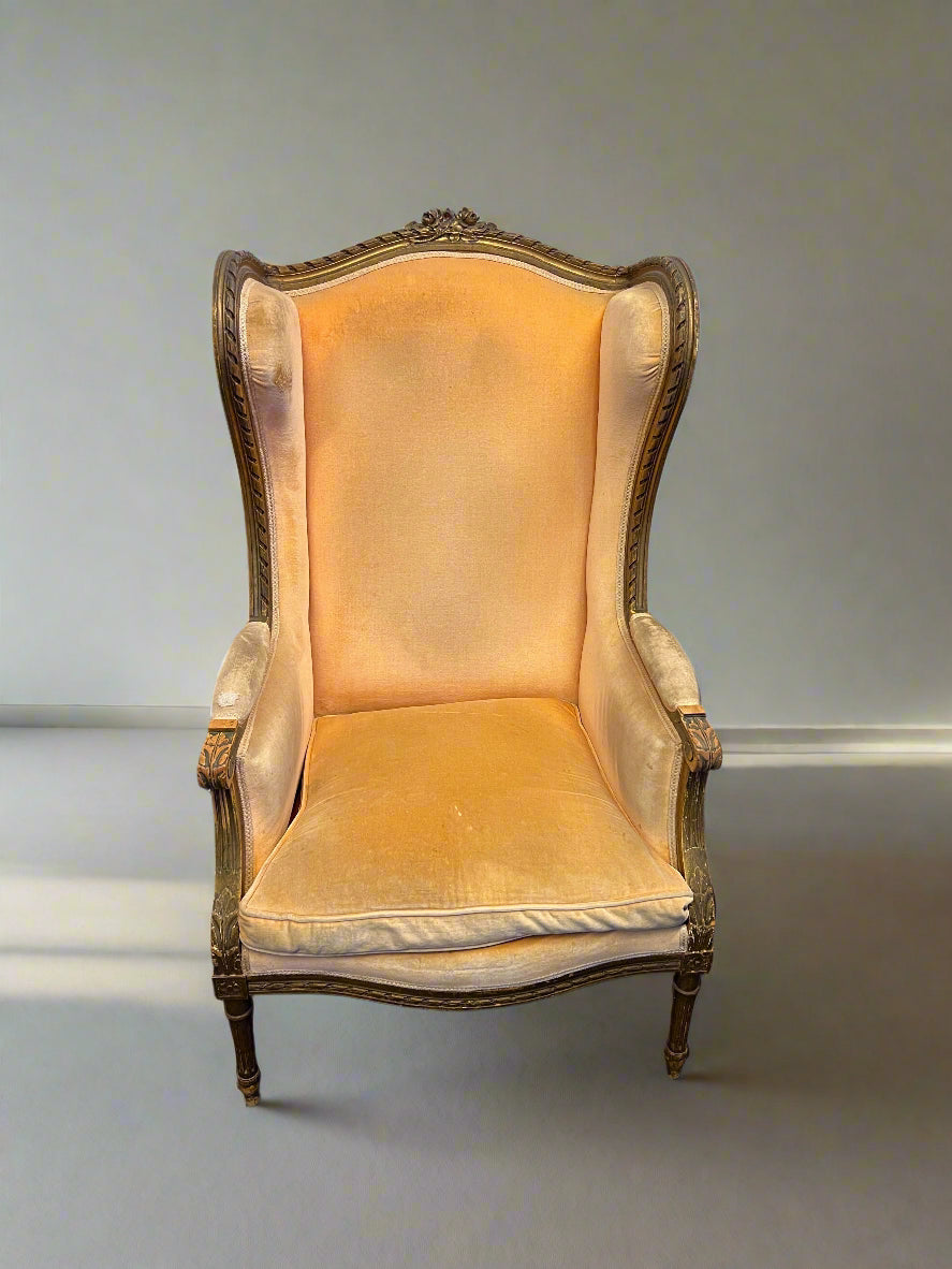 Vintage Velvet Wingback Armchair in Warm Orange – Minor Wear - REDUCED