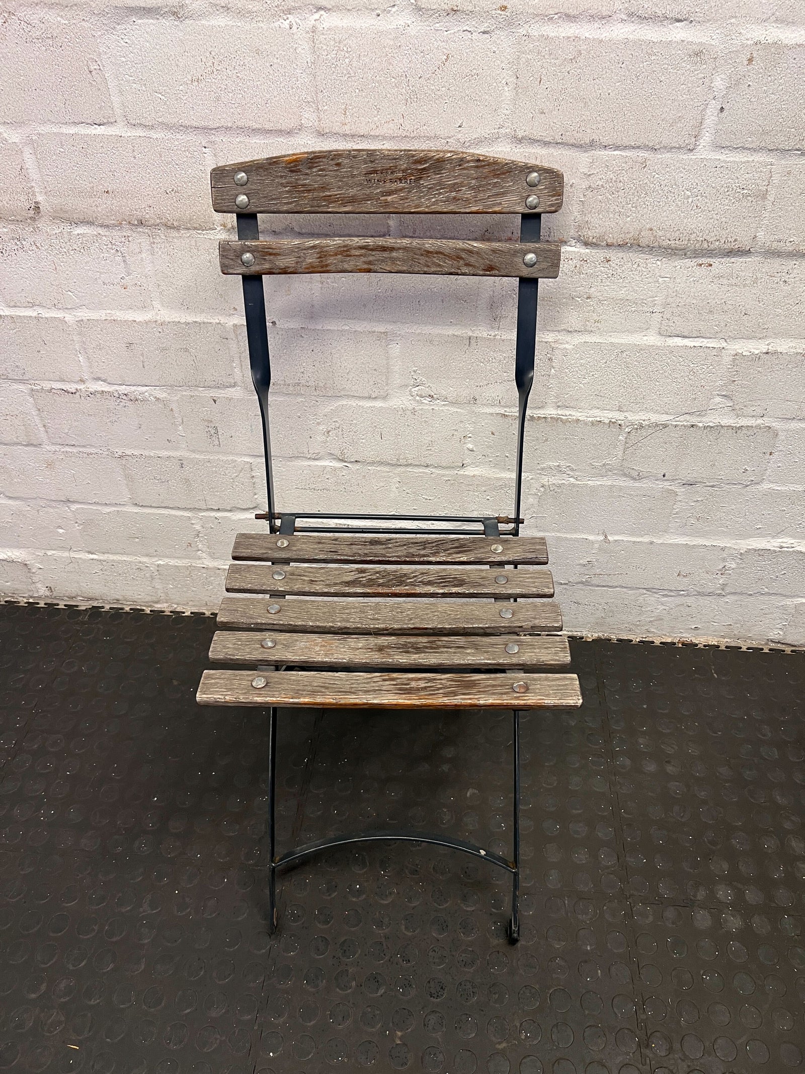 Rustic Wooden Folding Chair with Metal Frame - Minor Wear