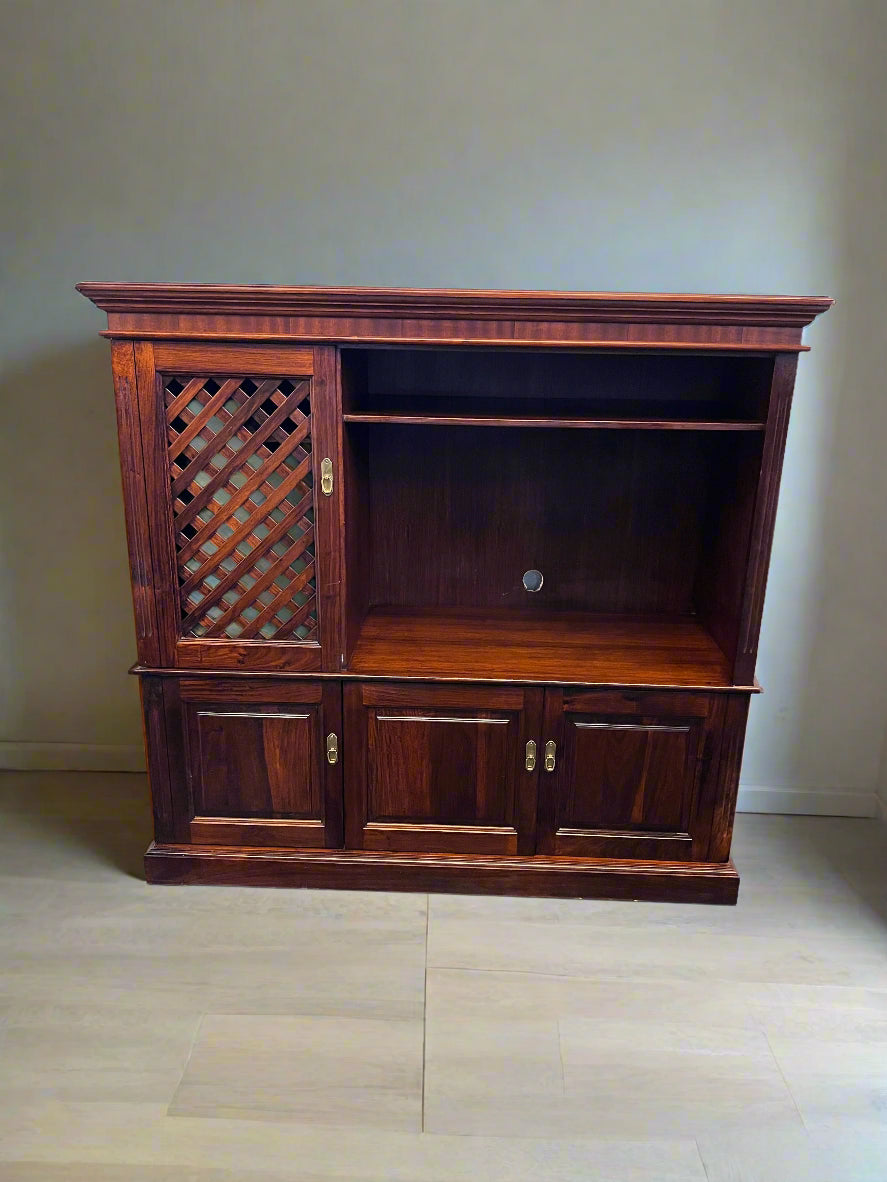 Elegant Dark Wood Display Cabinet with Lattice Design - Minor Wear