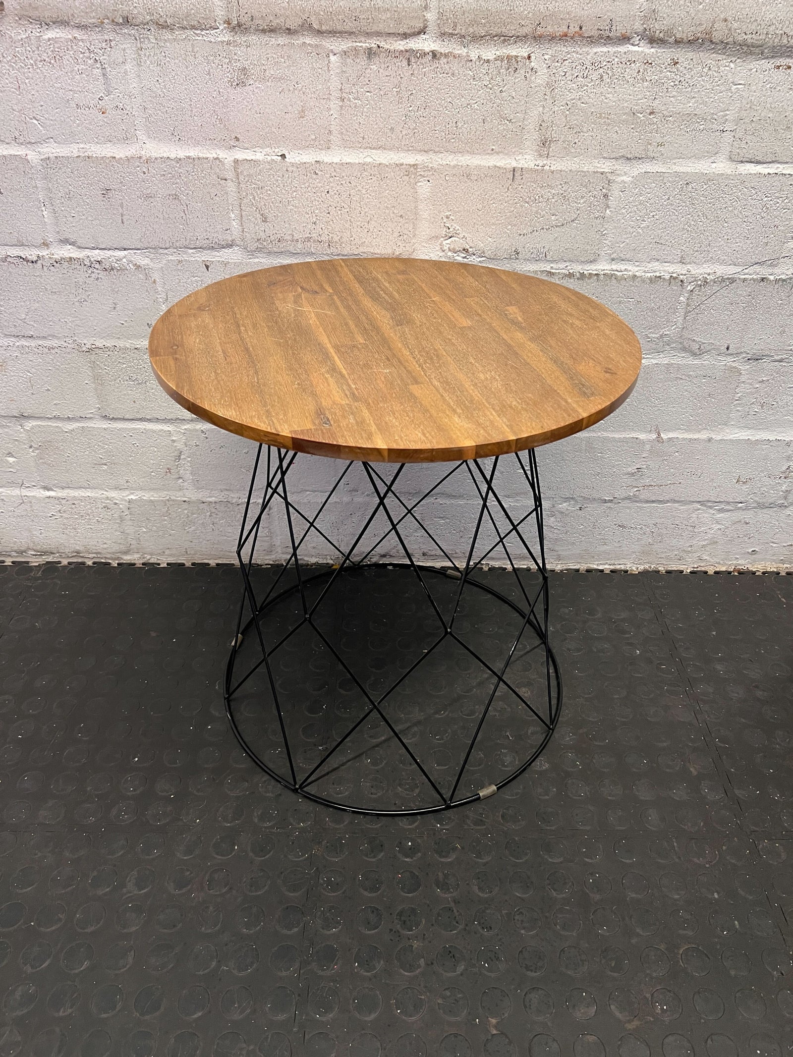 Rustic Round Wooden Coffee Table with Black Wire Base - Minor Scratches