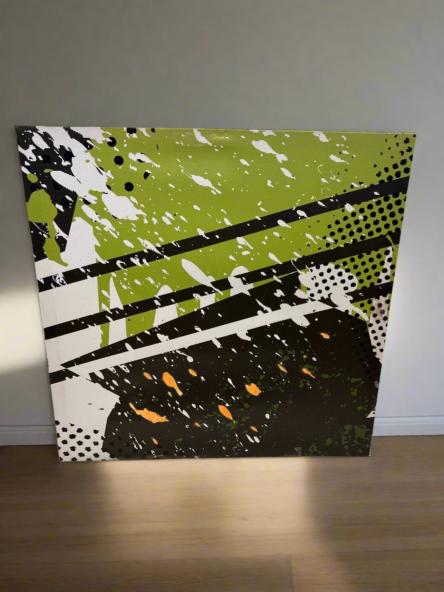Vibrant Abstract Wall Art – Green, Black, and White Splatter Design