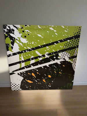 Vibrant Abstract Wall Art – Green, Black, and White Splatter Design