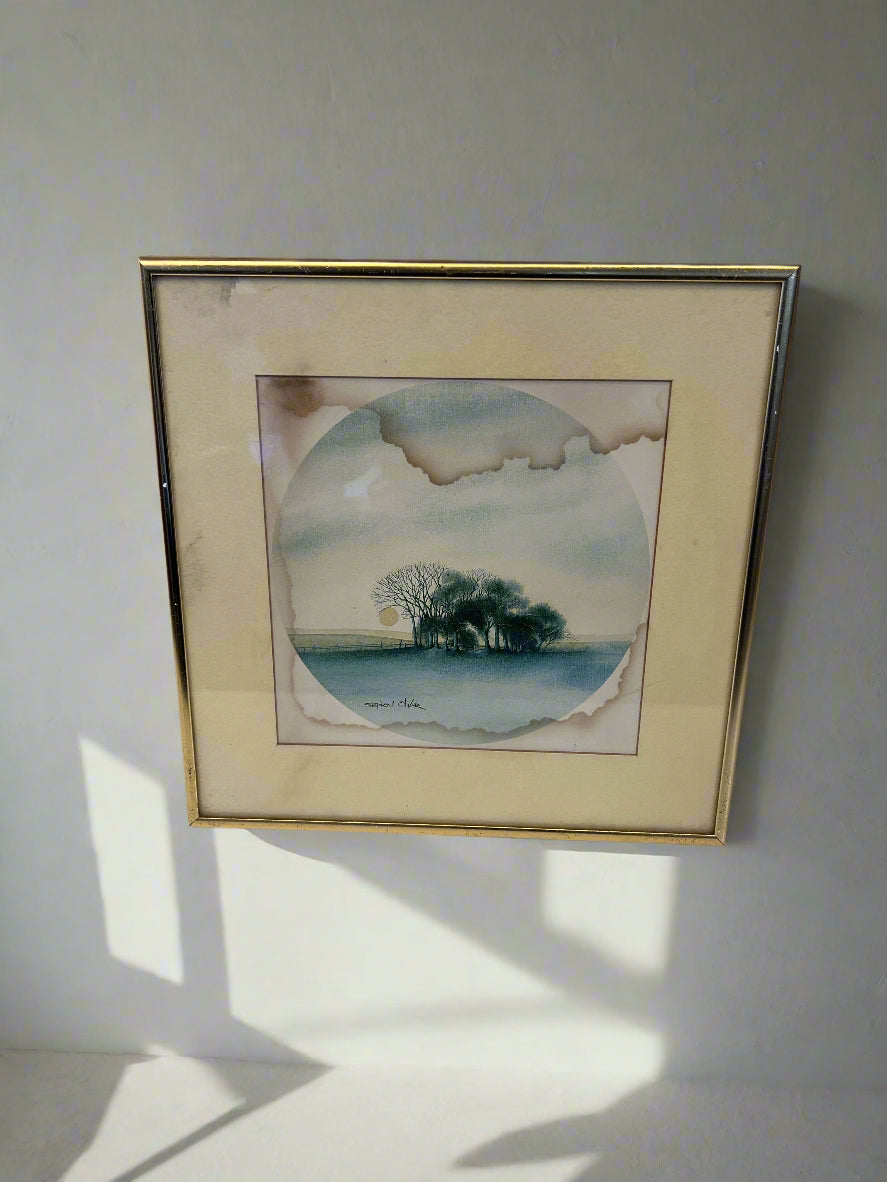 Framed Watercolor Landscape Art with Vintage Gold Trim - Glass Cracked