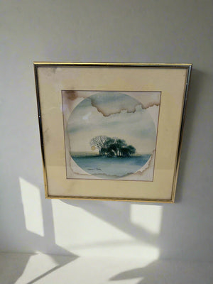 Framed Watercolor Landscape Art with Vintage Gold Trim - Glass Cracked