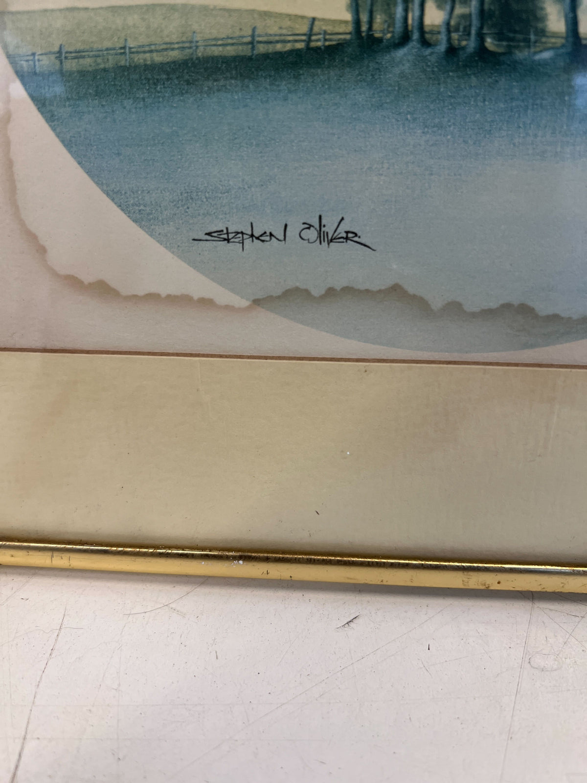 Framed Watercolor Landscape Art with Vintage Gold Trim - Glass Cracked
