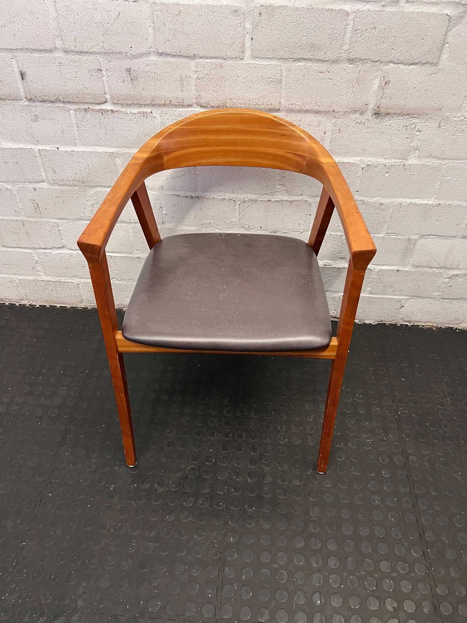 Stylish Vintage Wooden Armchair with Grey Cushion – Minor Wear