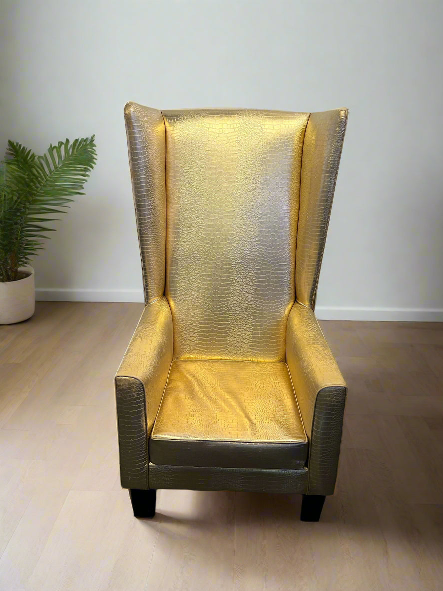 Glamorous Gold Faux Leather High-Back Armchair with Minor Wear