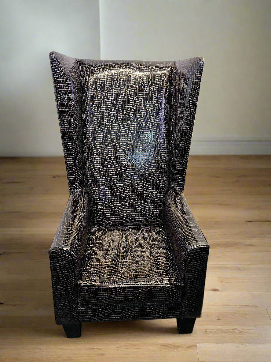 Stylish Black Crocodile Print High-Back Accent Chair