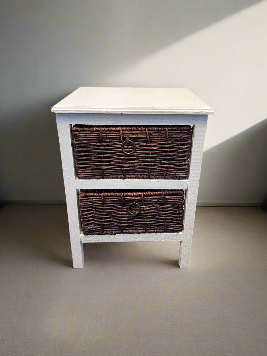 Chic White Wooden Side Table with Woven Basket Drawers - REDUCED