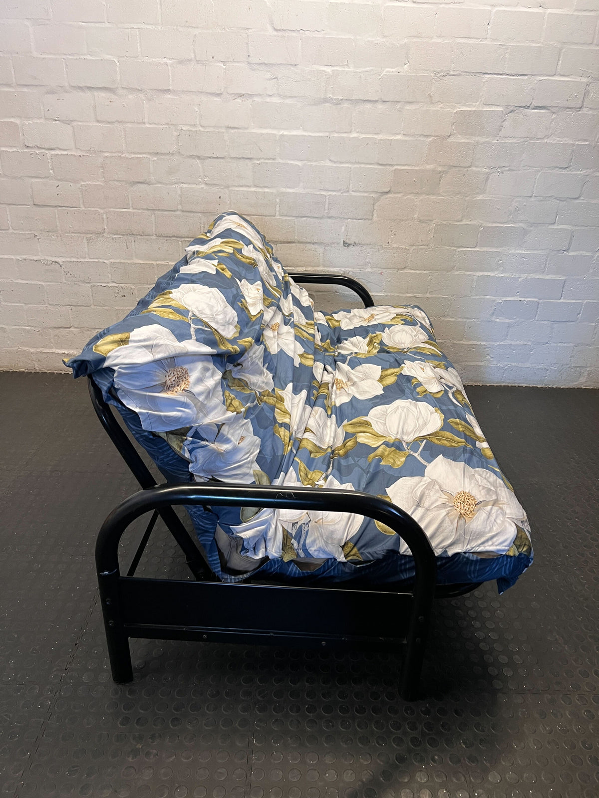 Charming Magnolia Print Futon Sofa with Black Frame