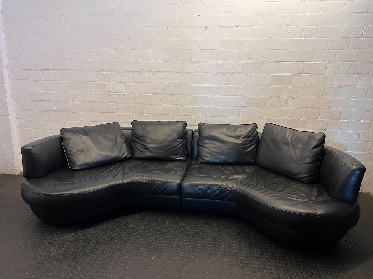 Sleek Black Leather Curved Modular Sofa | Modern Lounge Couch