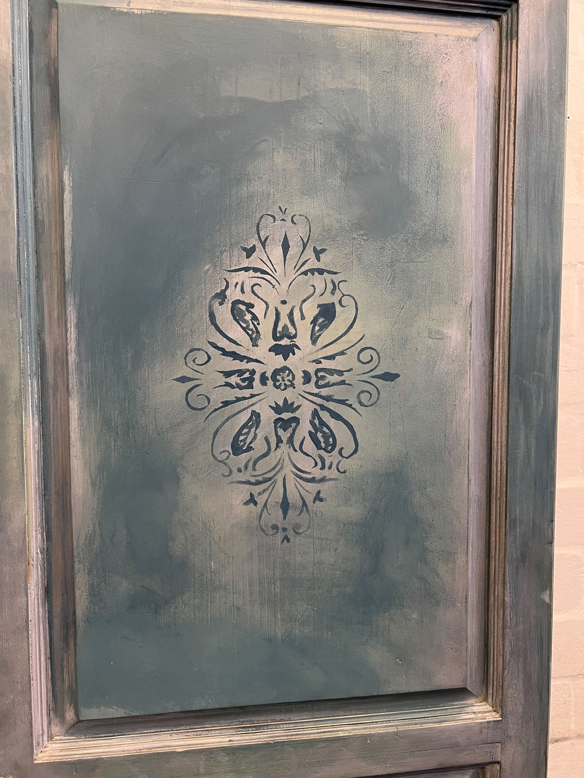 Charming Distressed Blue 2-Door Cabinet with Stenciled Panels - Fair used