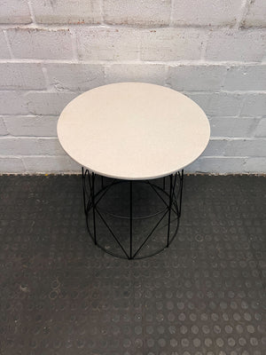 Round Marble-Effect Side Table with Black Metal Base