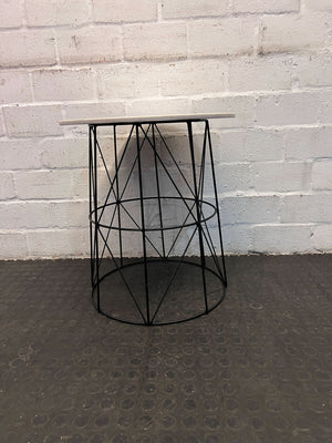 Round Marble-Effect Side Table with Black Metal Base