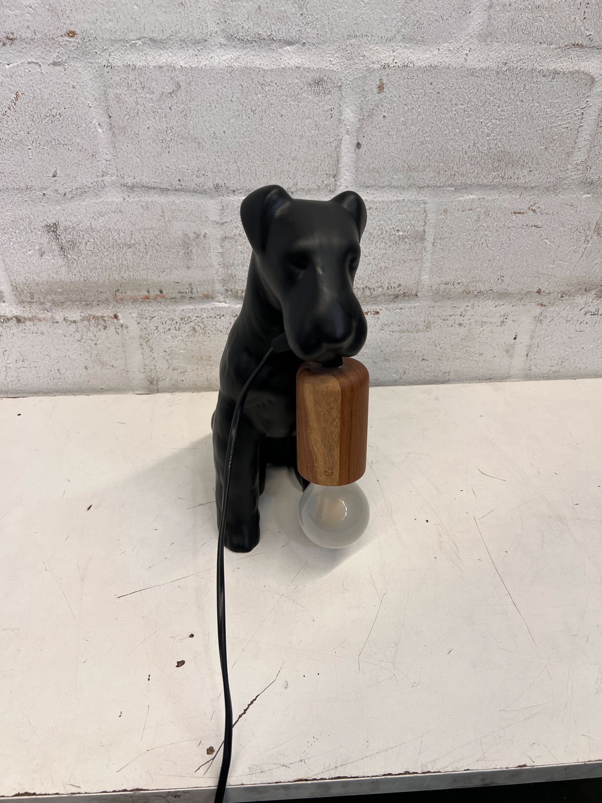 ** Black Dog-Shaped Table Lamp with Wooden Accent