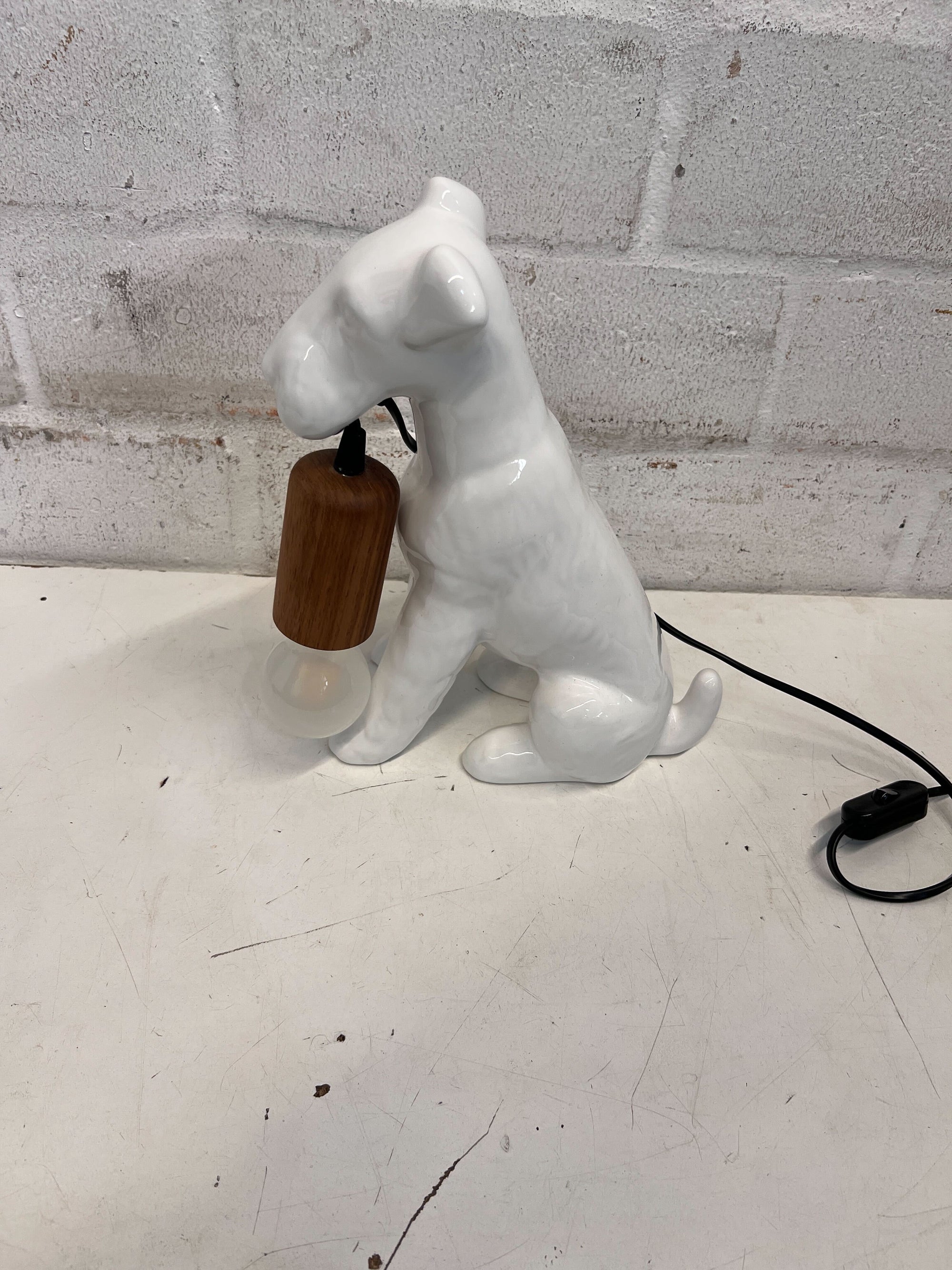 Ceramic Dog Lamp - White with Wooden Accent