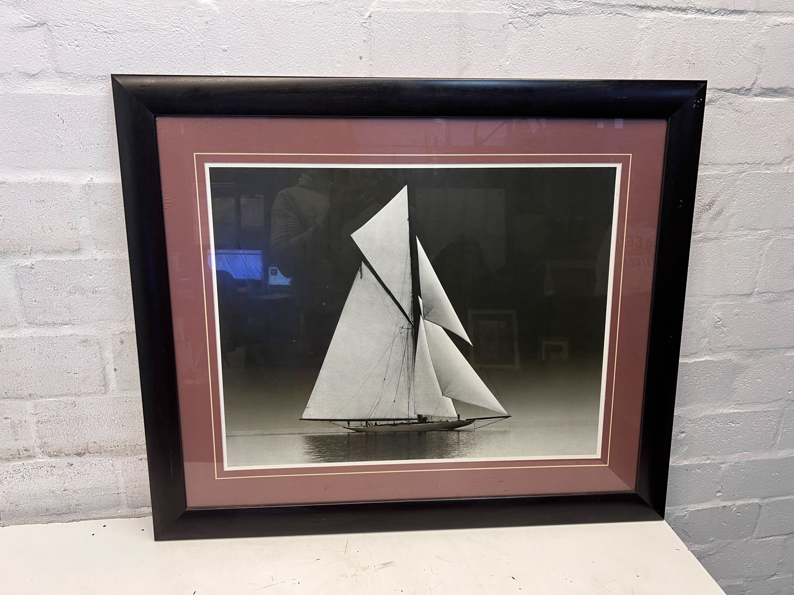 Vintage Black Framed Nautical Photograph of a Sailboat - Yacht Reliance At Full Sail 1903