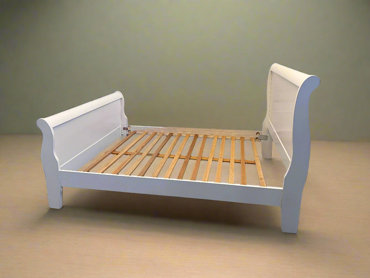 Charming White Wooden Sleigh Queen Sized Bed Frame - REDUCED