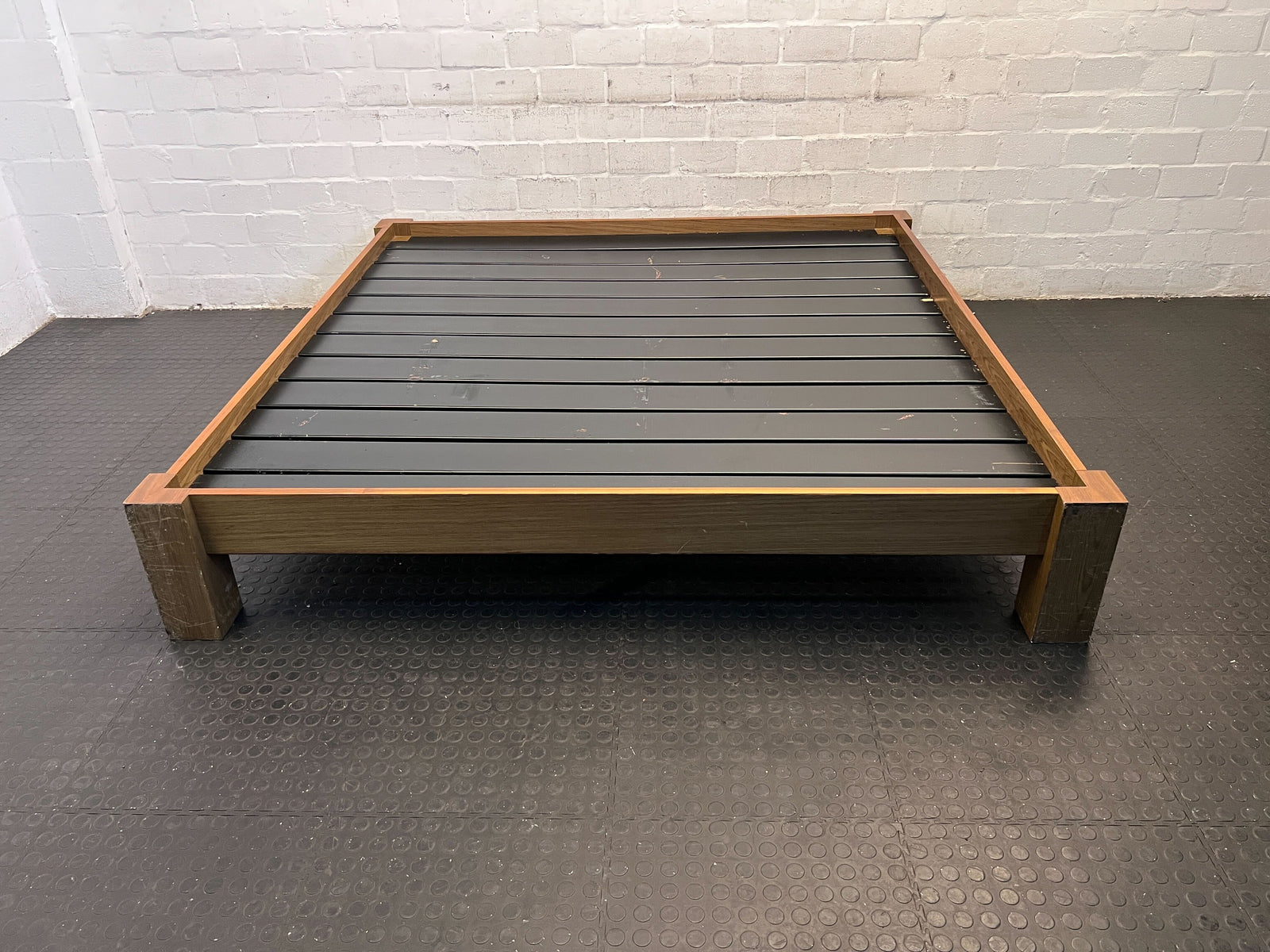 Stylish Dark Wood Slatted Bed Frame with Minor Wear - REDUCED