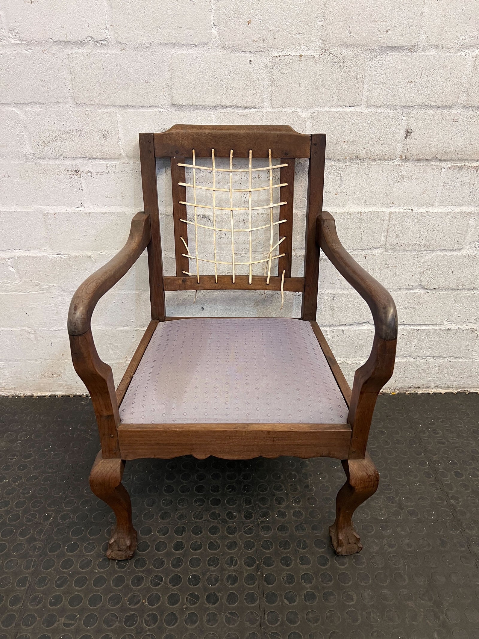 Vintage Wooden Armchair with Woven Backrest - Minor Wear