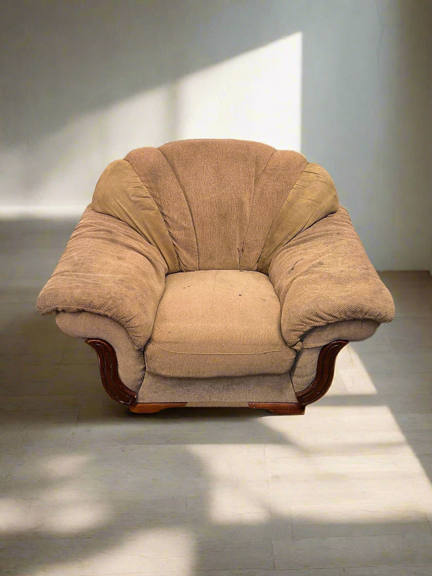 Cozy Beige Fabric Armchair with Wooden Accents – Minor Wear - REDUCED