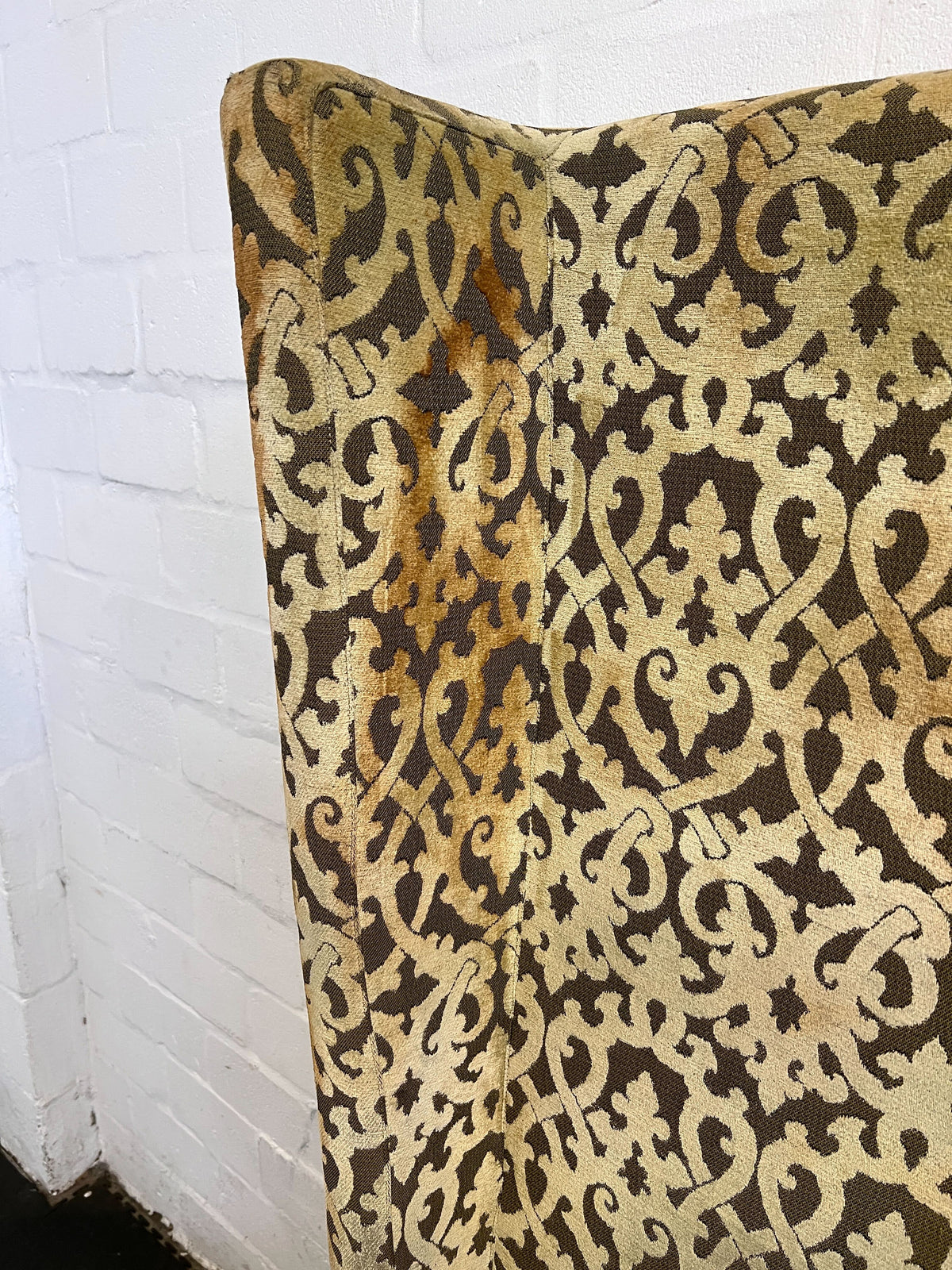 Vintage Gold Patterned Settee with Brown Velvet Cushion - REDUCED