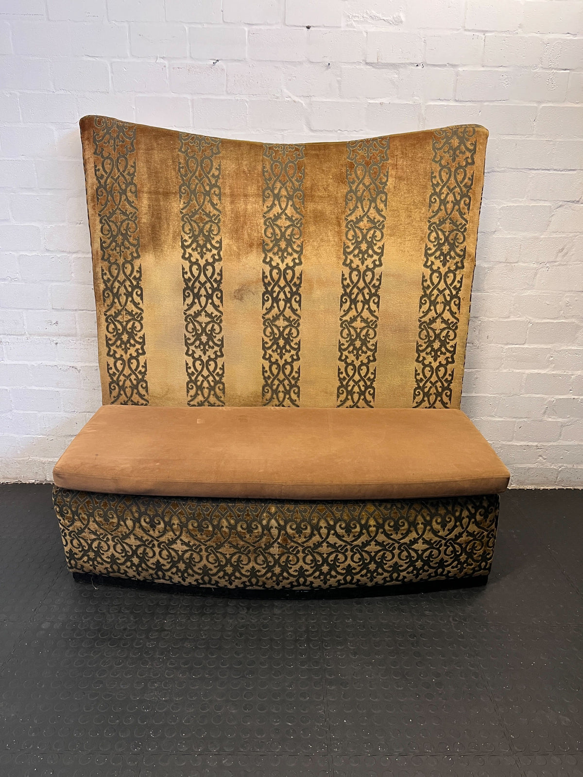 Elegant Vintage Upholstered Sofa in Gold and Brown with Minor Wear - REDUCED