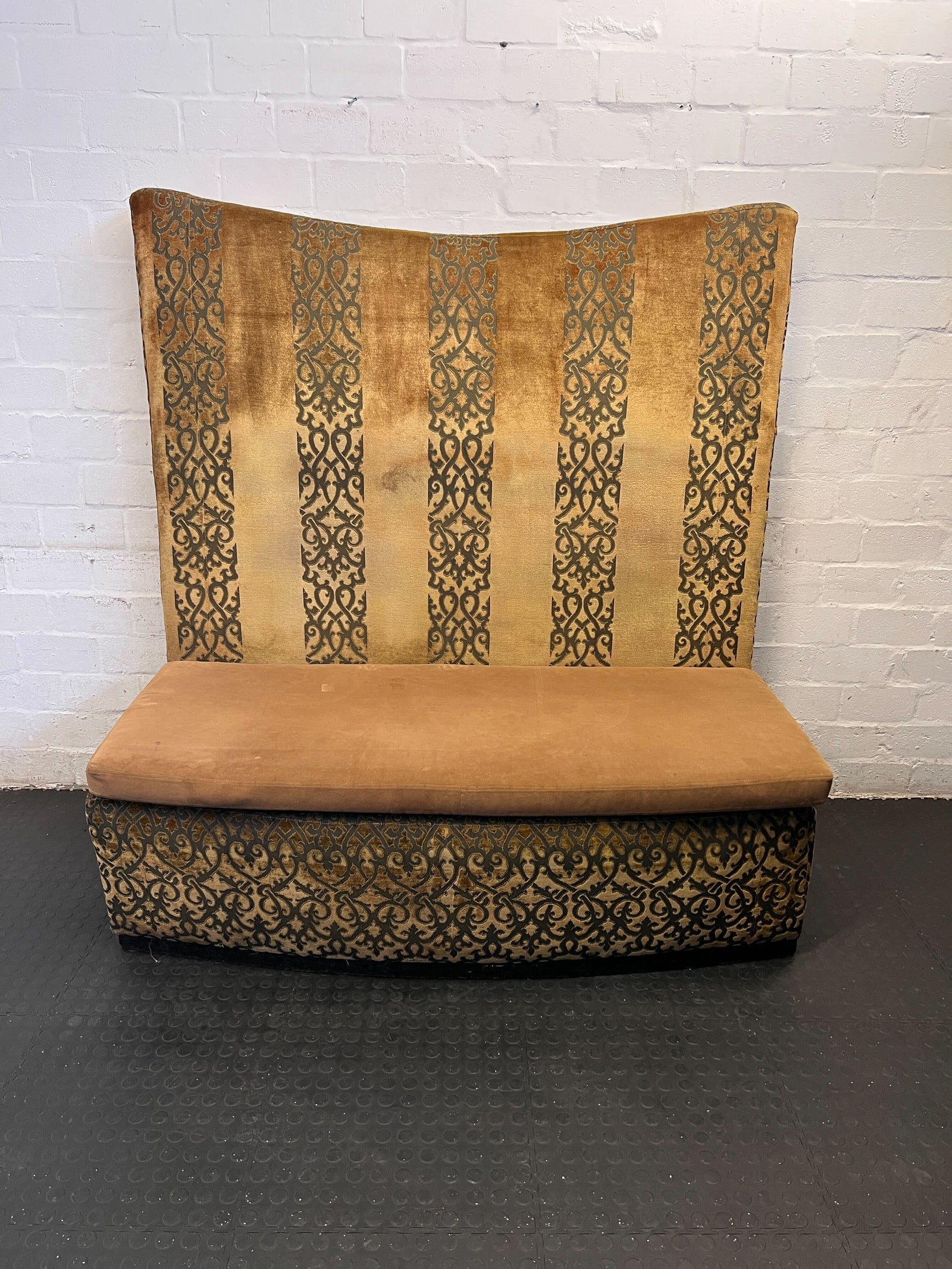 Elegant Vintage Upholstered Sofa in Gold and Brown with Minor Wear - REDUCED
