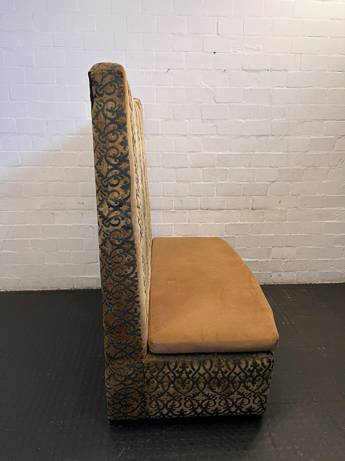 Elegant Vintage Upholstered Sofa in Gold and Brown with Minor Wear - REDUCED