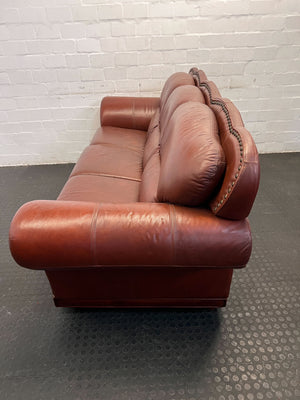 Classic Brown Leather Sofa with Wooden Accents