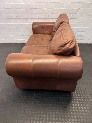 Brown Leather Two-Seater Sofa with Decorative Nails