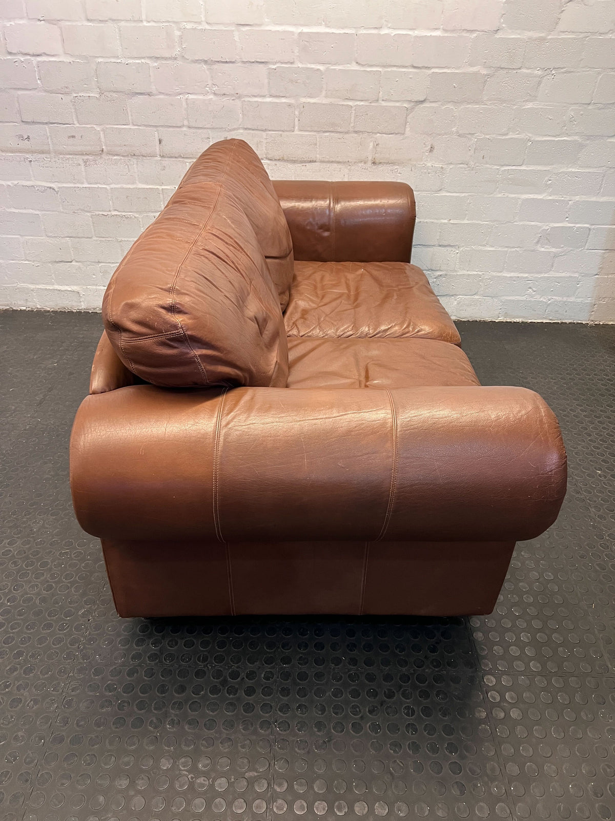 Brown Leather Two-Seater Sofa with Decorative Nails - Has A Minor Tear - REDUCED