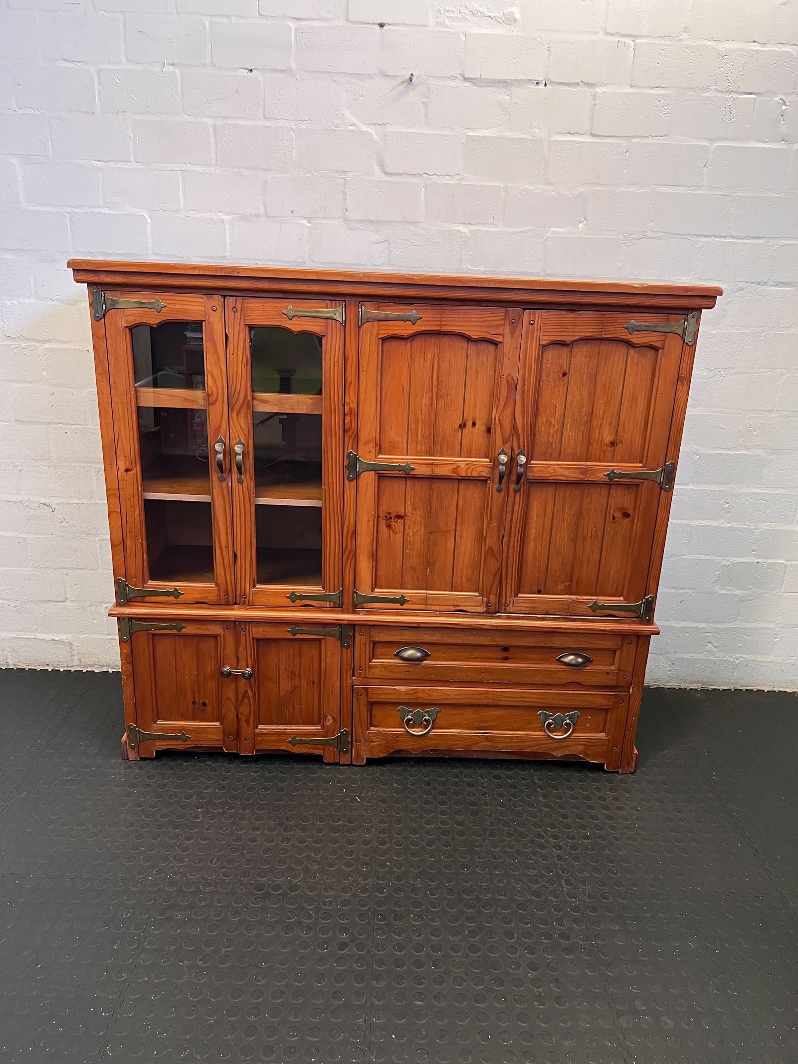 Rustic Solid Wood Display Cabinet with Glass Doors and Drawers