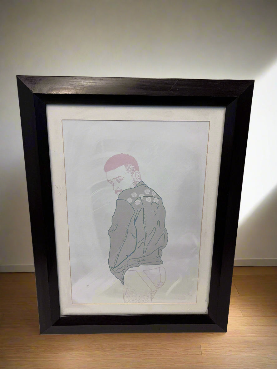 Framed artwork of a person with a pink head on a plain background