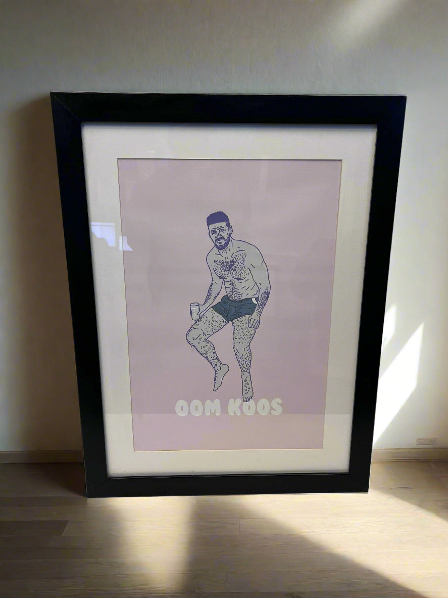 Framed Artwork of Oom Koos - Playful Illustration with Black Frame