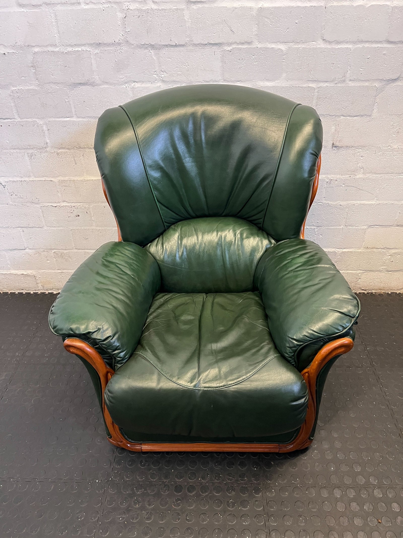 Vintage Green Leather Armchair with Wooden Accents – Minor Wear