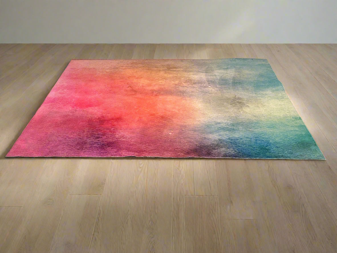 Multicolored abstract rug on a wooden floor