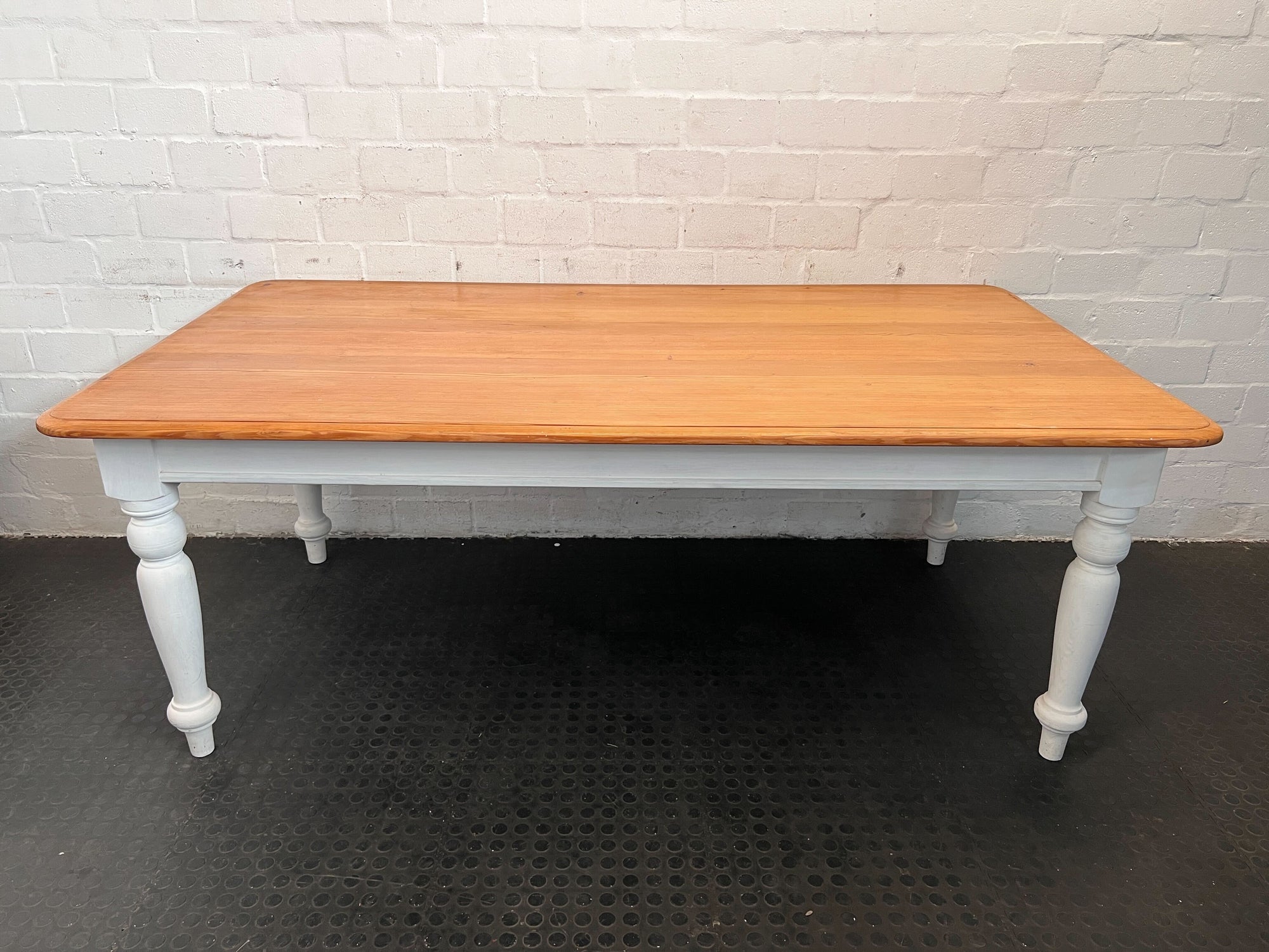 Charming Vintage 8 Seater Dining Table with Natural Wood Top and White Legs