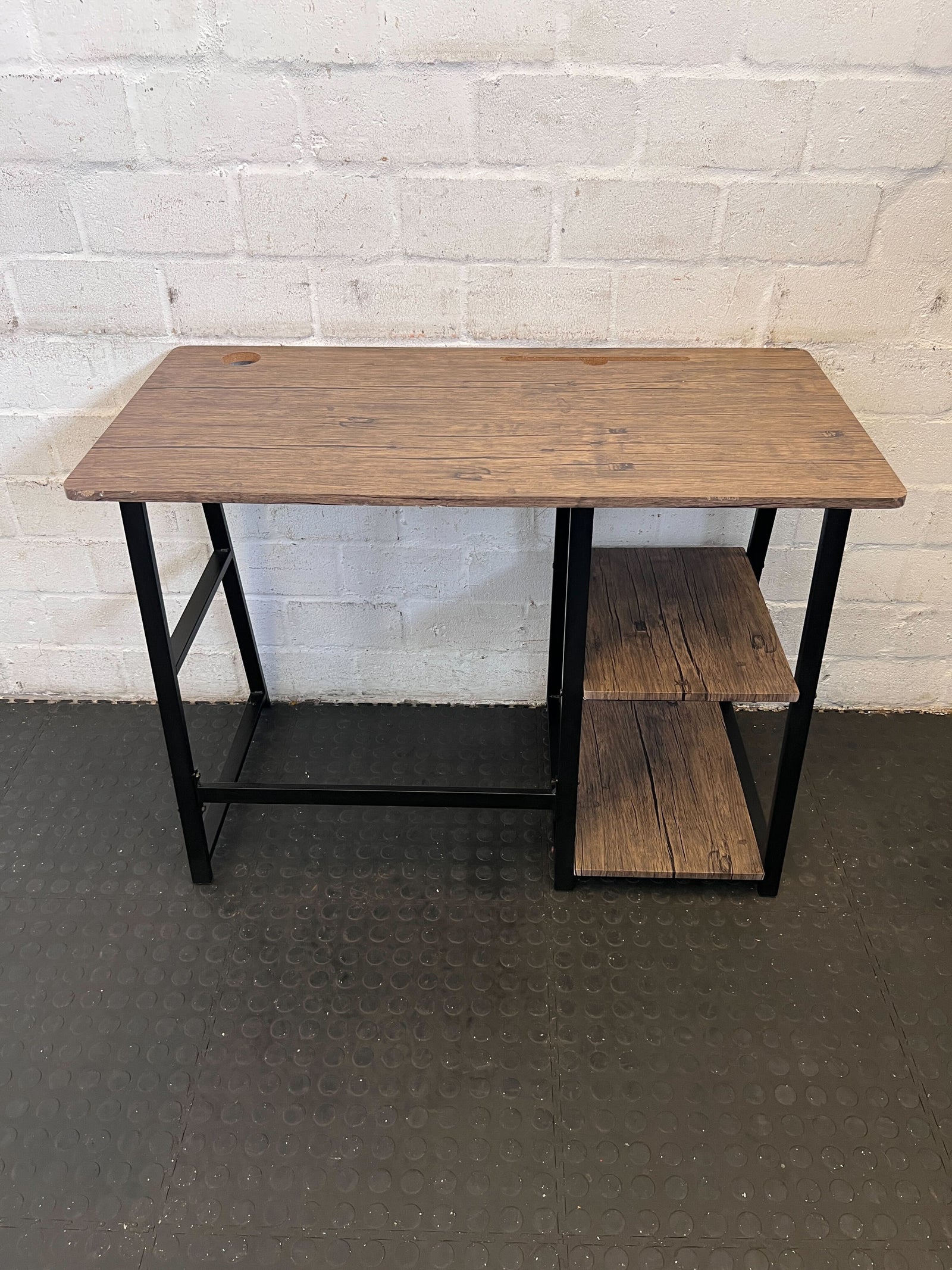 Stylish Black Metal and Wood Desk with Open Shelving
