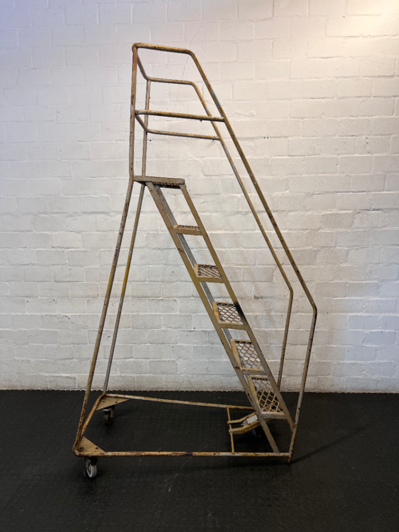 Industrial Metal Rolling Ladder - Well-Used with Significant Rust - 2ndhandwarehouse.com
