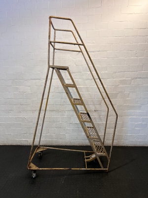 Industrial Metal Rolling Ladder - Well-Used with Significant Rust - 2ndhandwarehouse.com